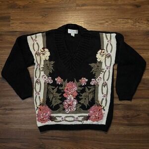Vintage Floral‎ Knit Sweater Pearl Beading Chunky Knit Cottagecore Women Medium